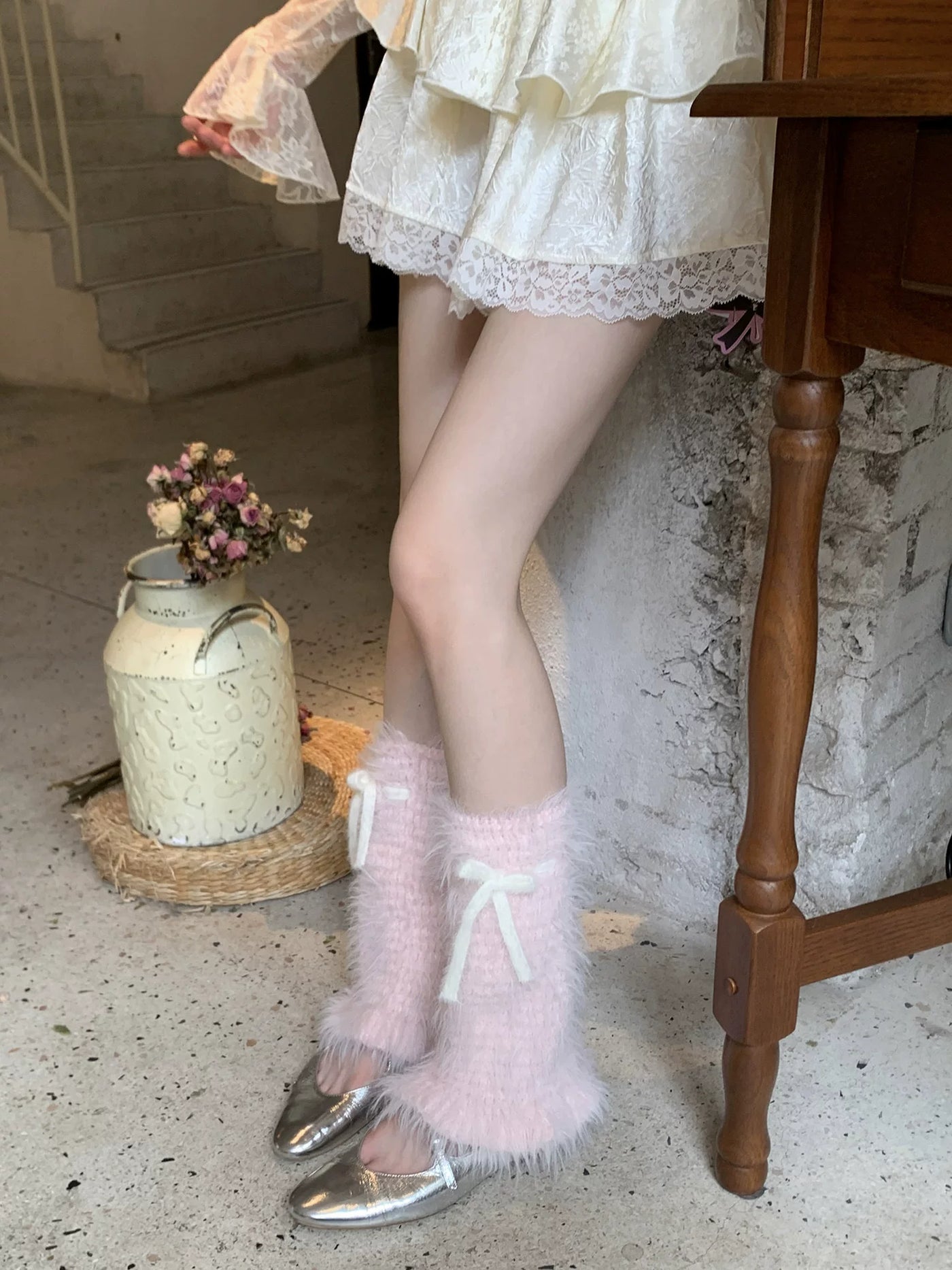 Fantasy Doll - Winter Bow Plush - Plush Mid-Calf Leg Warmers with Tie Bows