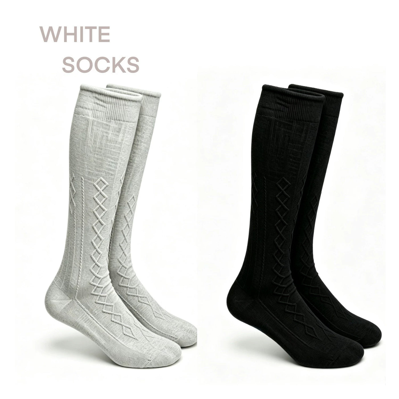 White and black mid-calf slouch socks with repeating diamond patterns