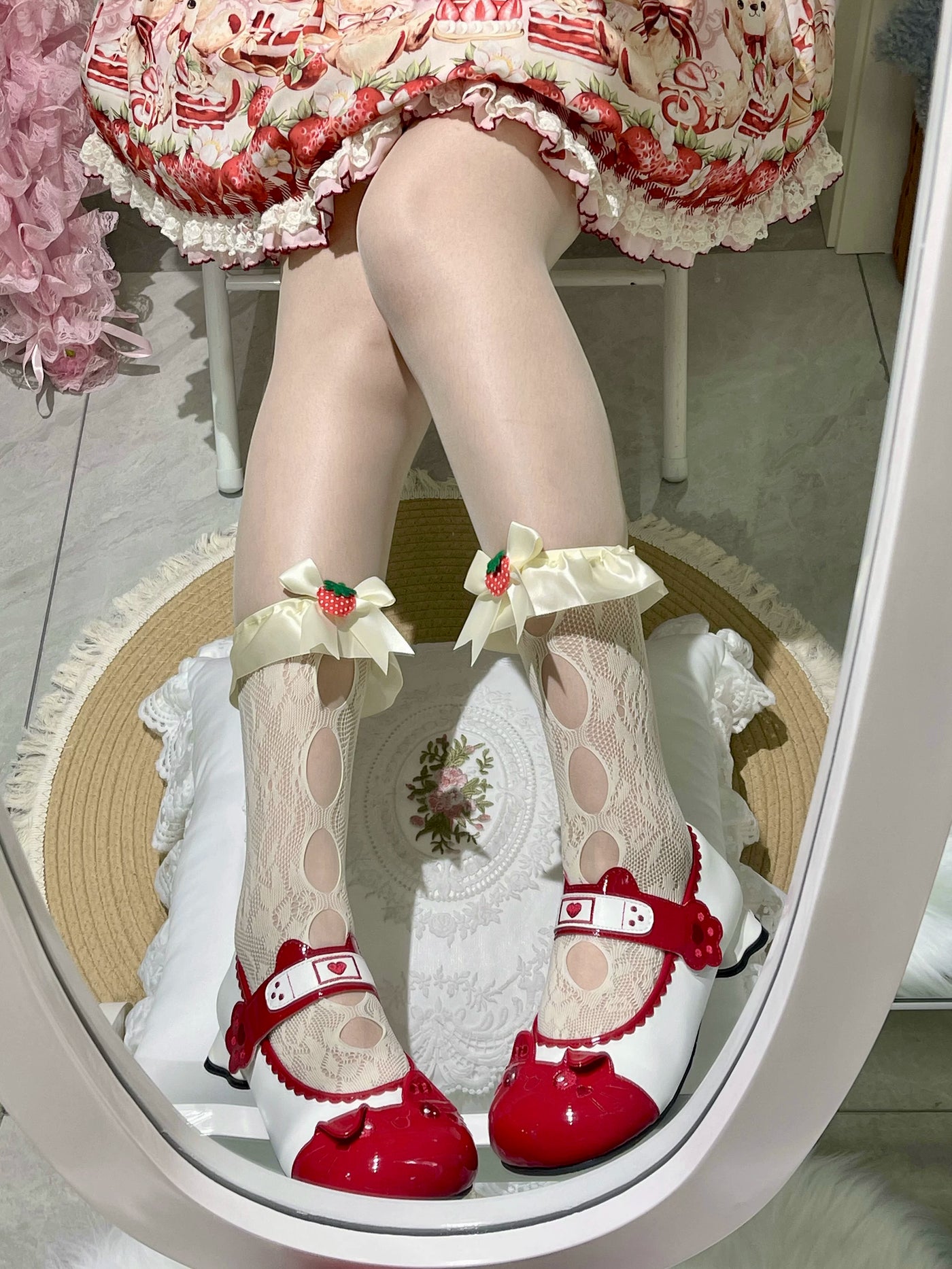 Fantasy Doll - Strawberry Bow - Lace mid-calf socks with strawberry-topped satin bows