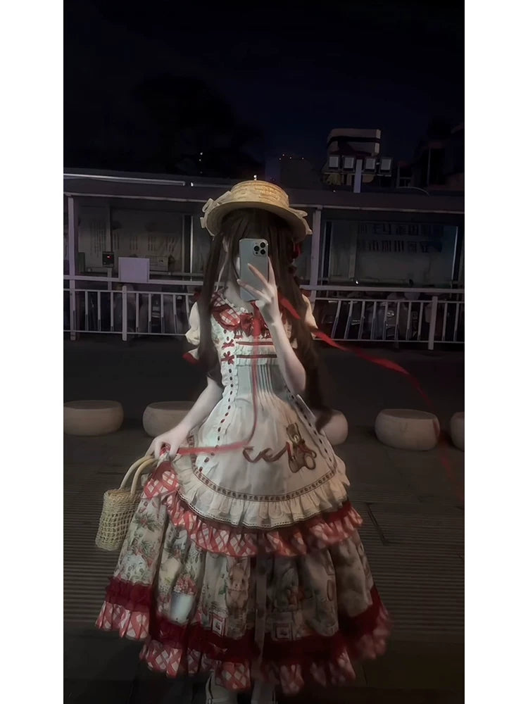 Dream Bunny - December Strawberry Field - Strawberry-Print One-Piece Dress with Red Gingham Ruffles