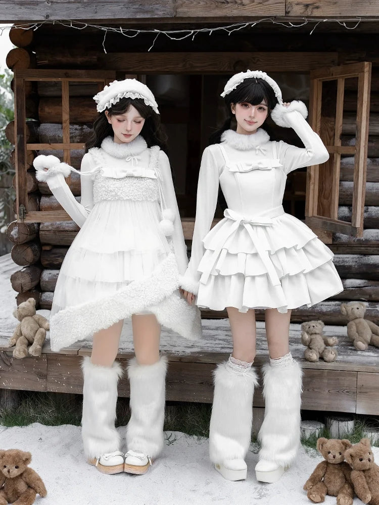 With PUJI - White Choco - Winter Kawaii Lolita JSK Dress Set, Fluffy Accents