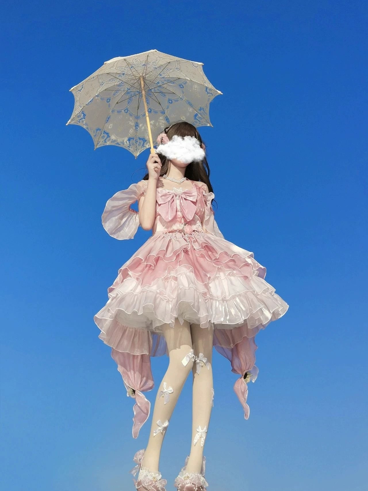 Creamy - Flower Wedding - Pink Jumper Skirt with Layered Ruffles