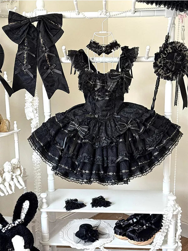 Creamy black Lolita dress set with large train, bows and lace