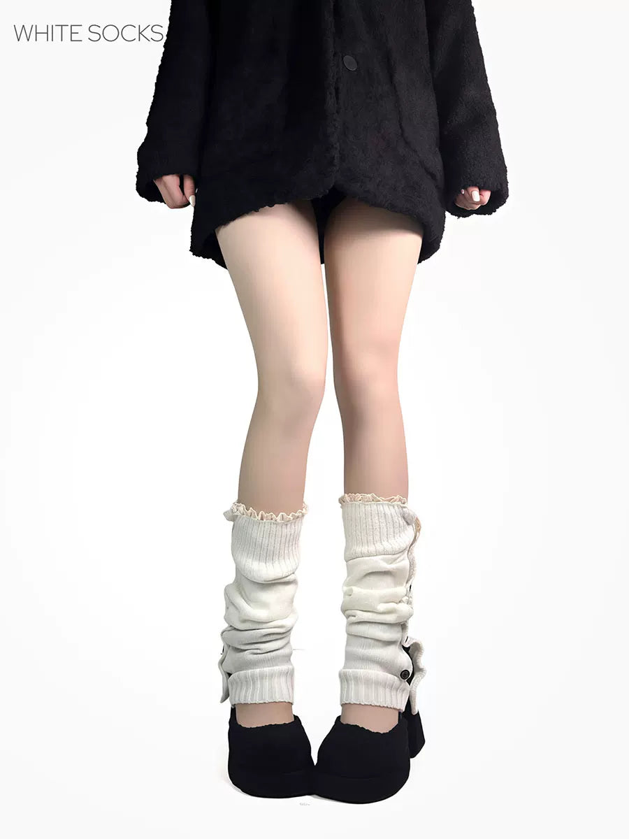 White Socks - Maillard Button Scrunch - Knit Leg Warmers with Side Buttons