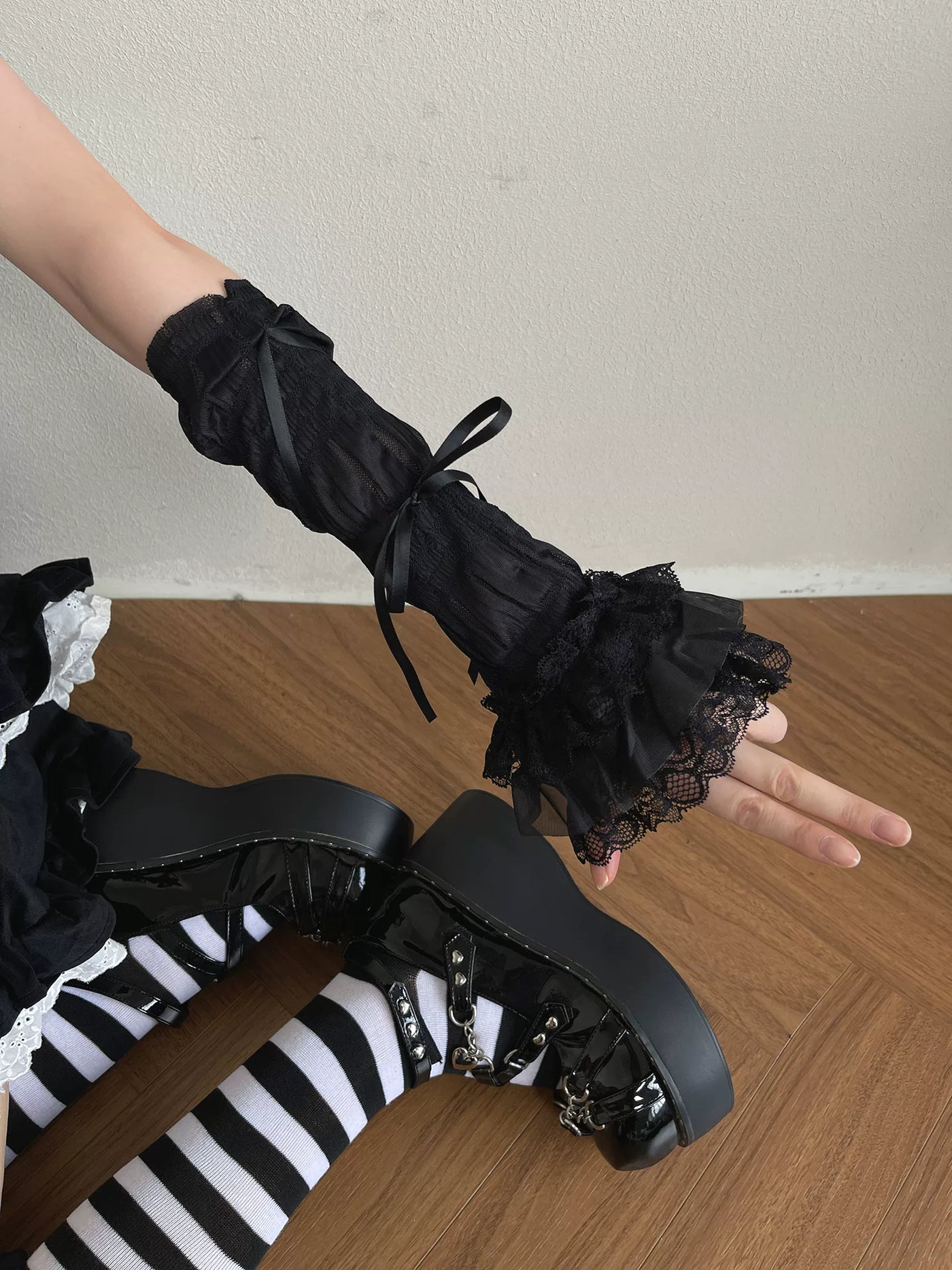 Sock Noble - Y2K Dark Lace - Long Fingerless Gloves with Ribbon Ties