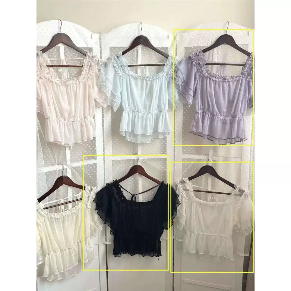 Sheer mesh inner top with short flutter sleeves in white, black and pale lavender colorways