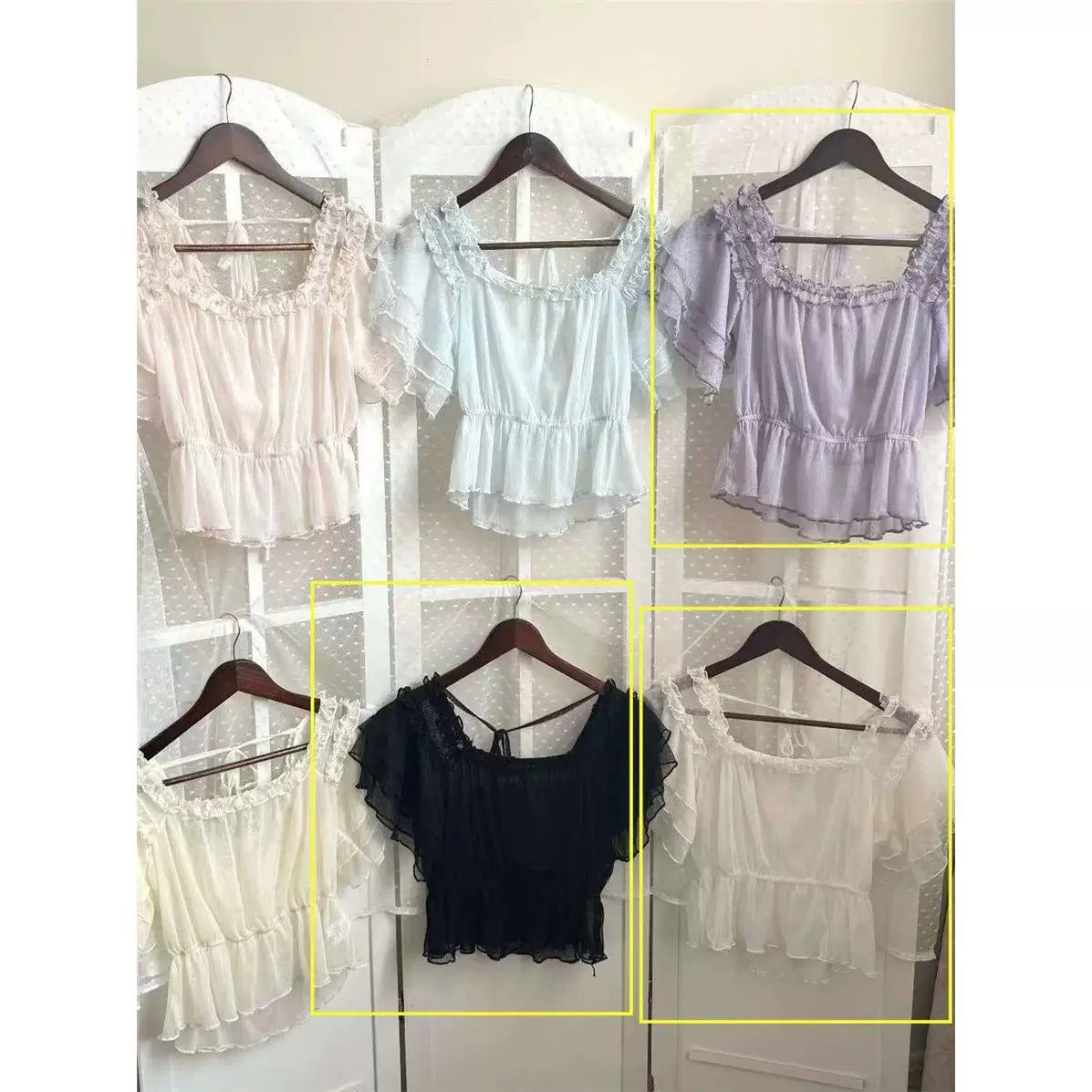 Sheer mesh inner top with short flutter sleeves in white, black and pale lavender colorways