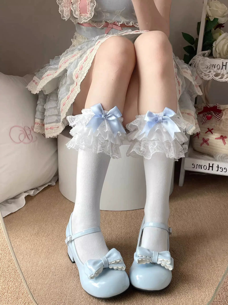 Fantasy Doll - Lace Bow - Pure Cotton Calf Socks with Layered Lace Cuffs