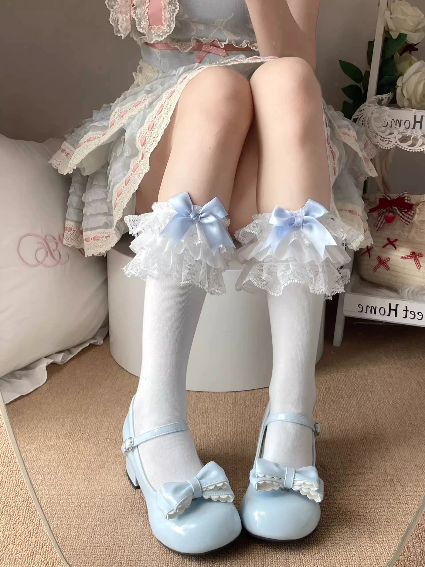 Fantasy Doll - Blue Bow Cotton - Cotton Mid-Calf Socks with Lace Bows