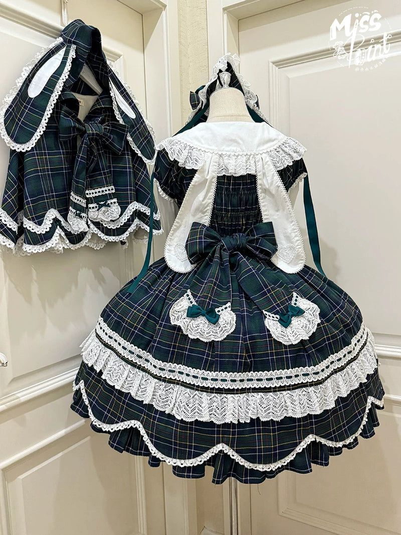 Miss Point - Plaid Petal Bunny - Old School Lolita Plaid OP Dress, Petal-shaped Hem