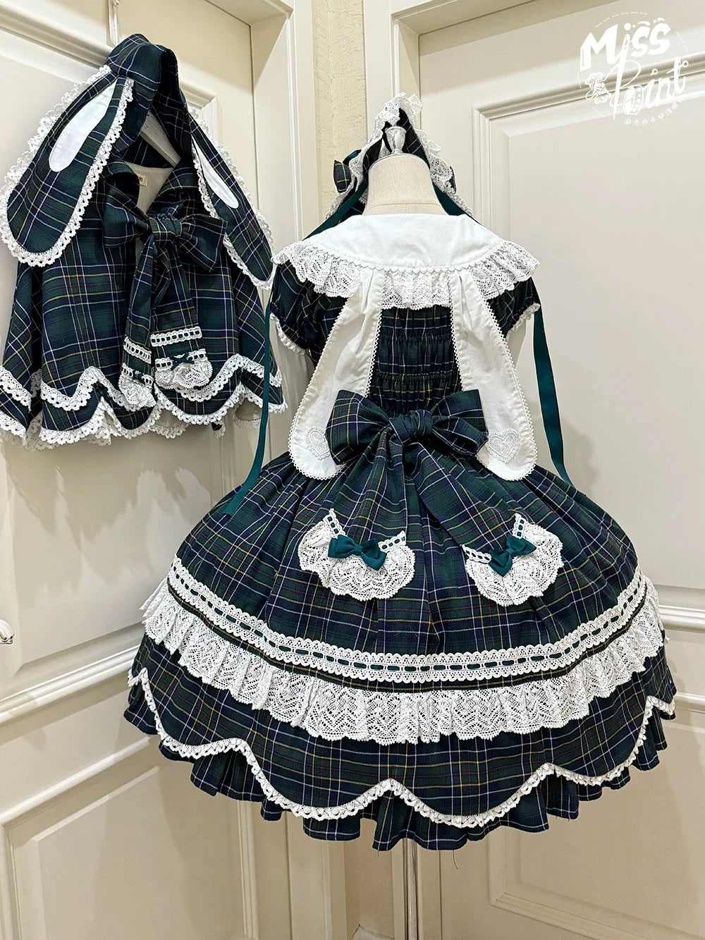 Miss Point - Plaid Petal Bunny - Old School Lolita Plaid OP Dress, Petal-shaped Hem