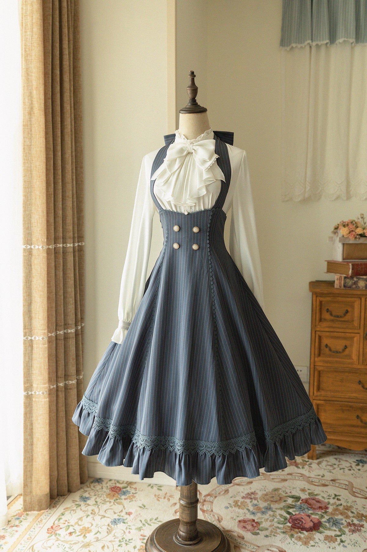 South of the Forest - Vintage Classic Lolita Halter JSK Dress, French Style Blouse S Grey Blue - Striped JSK Only