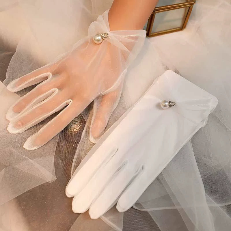 Fantasy Doll - Pearl Bridal - White or Black Mesh Gloves with Pearl Details