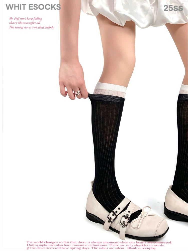 White Socks - Ballet Rib - Mid-Calf Socks with Double-Rib Contrast Cuffs