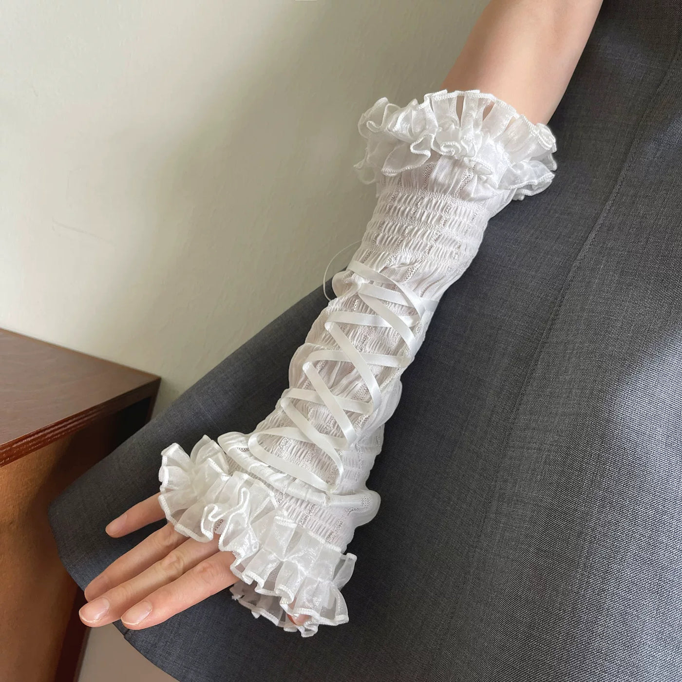 Sock Noble - Dark Ballet - Lace-Ruffle Long Arm Sleeves with Tie Straps