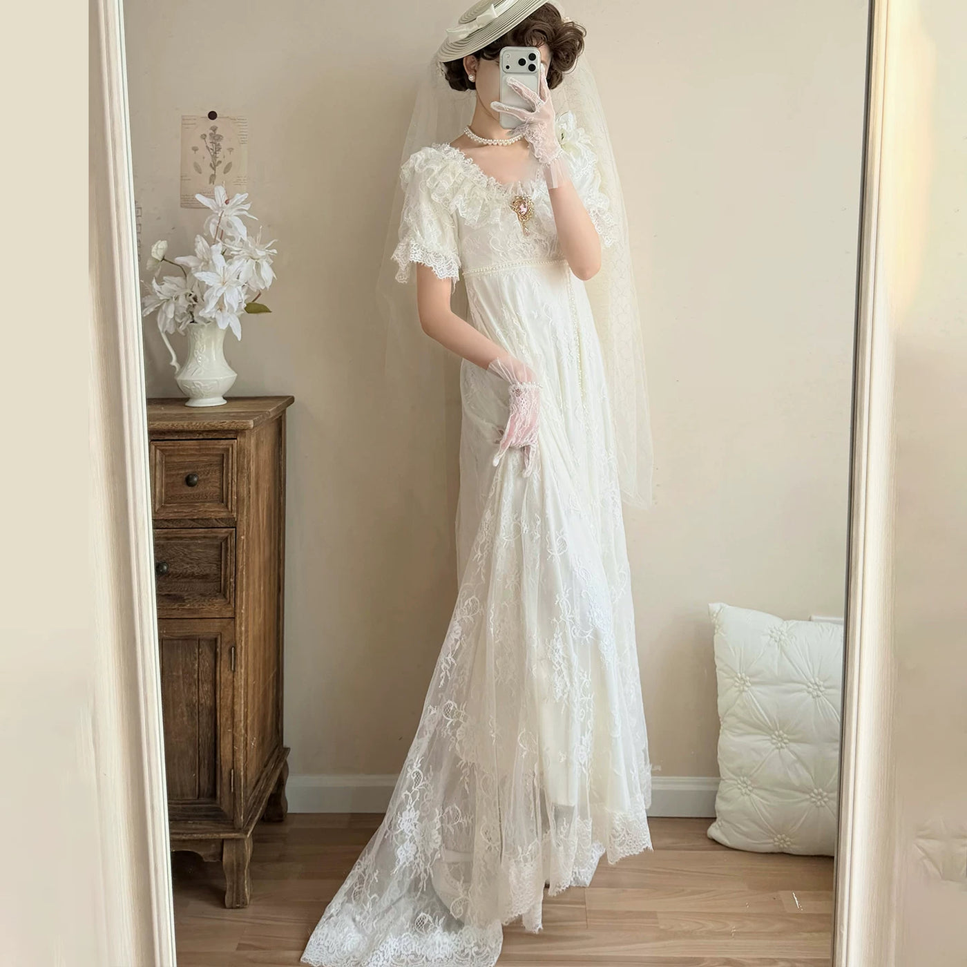 Moon Lily - Holy Heart Lily - Lace Trimmed Empire Waist Dress with a Train – detail view 5