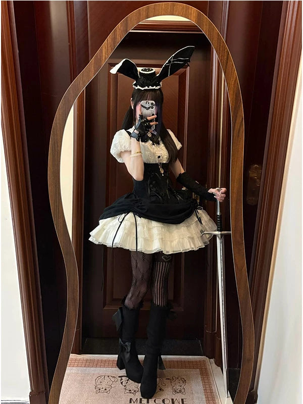 Creamy - Black Bunny - JSK with an ivory ruffled skirt and rabbit-ear hat