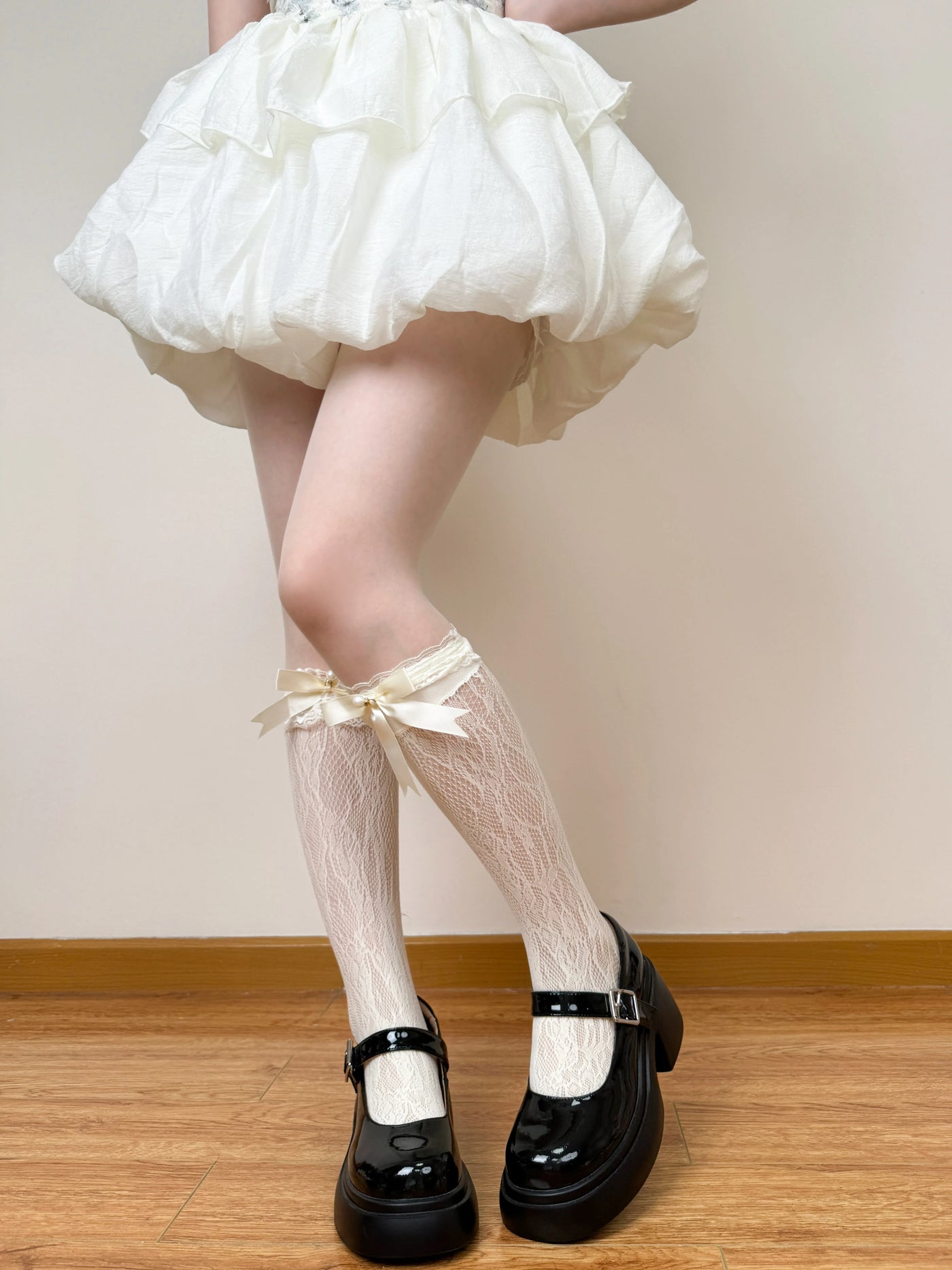 Chubby Bear Tales - Jennifer - Mid-Calf Socks with Openwork Lace and Ribbon Bows