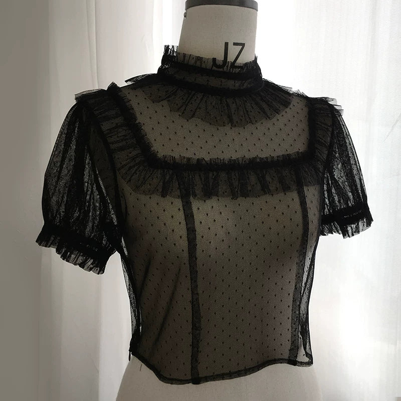 Baozi Pig - Polka-Dot Ruffle - Sheer Inner Layer with Short Puff Sleeves