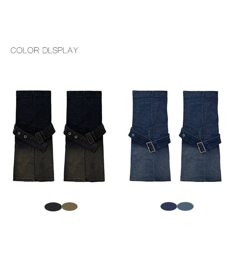Denim-style leg warmers with buckle straps and pocket panels shown with a short black skirt and blue jacket.