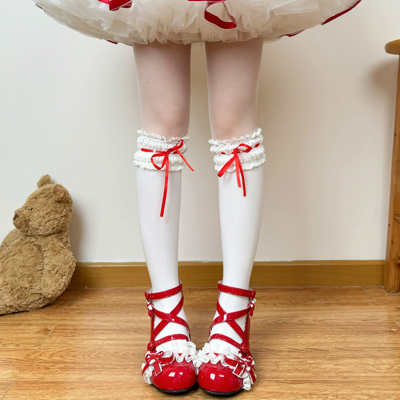 Chubby Bear Tales - Cream Ballet Ribbon - Socks with lace cuffs and tie ribbons