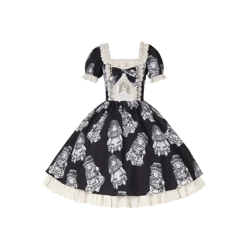 With PUJI - Doll Night - Vintage Twin Lolita OP Dress Embroidered Doll Dress S Black OP only