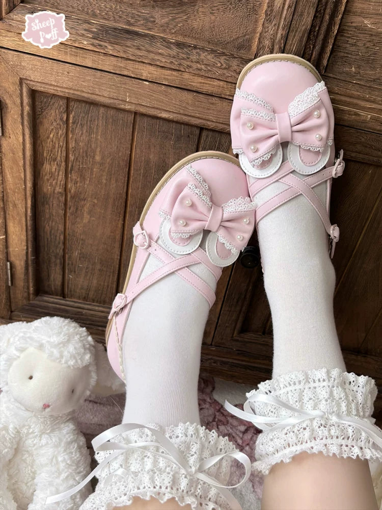 Sheep Puff Candy Bear low heel Lolita shoes with cute sheep puff accents and pastel colors, perfect for feminine fashion.