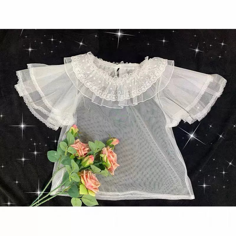 White mesh-and-lace inner layer top with double flutter sleeves shown flat with lace edging.