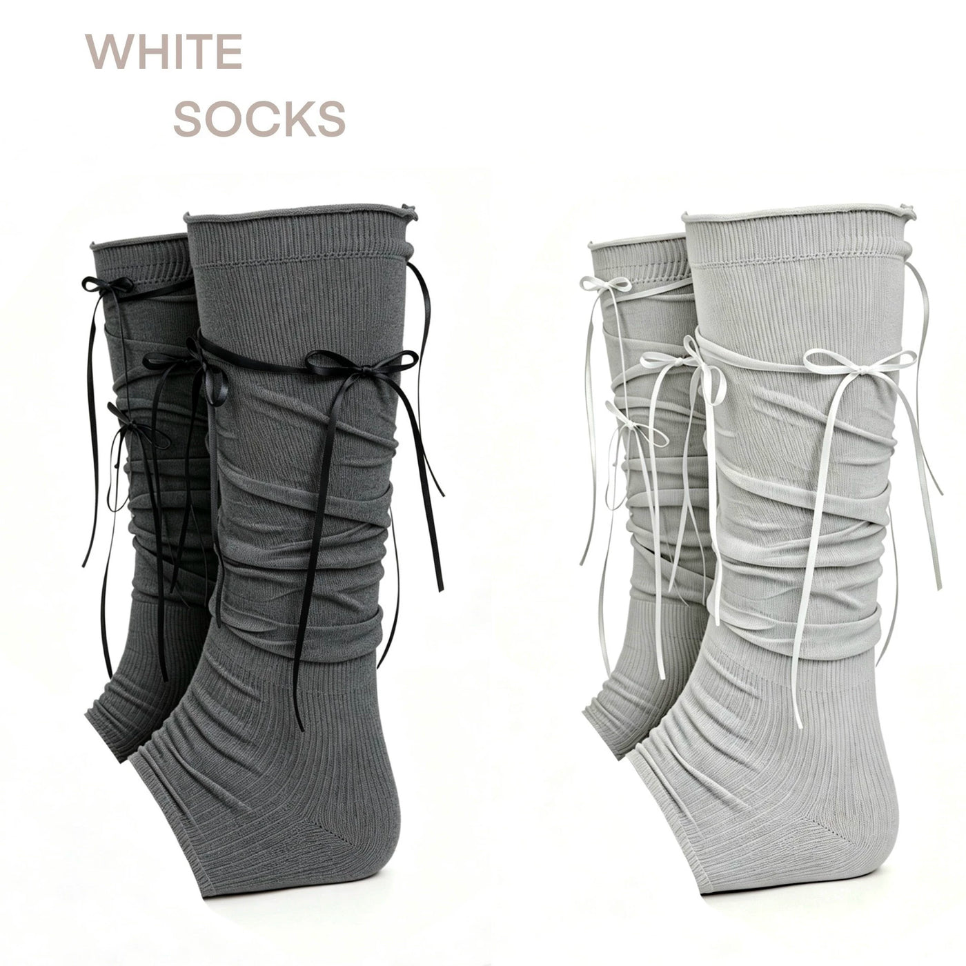 White Socks - Ribbon Ruched - Calf Socks with Ribbon Ties