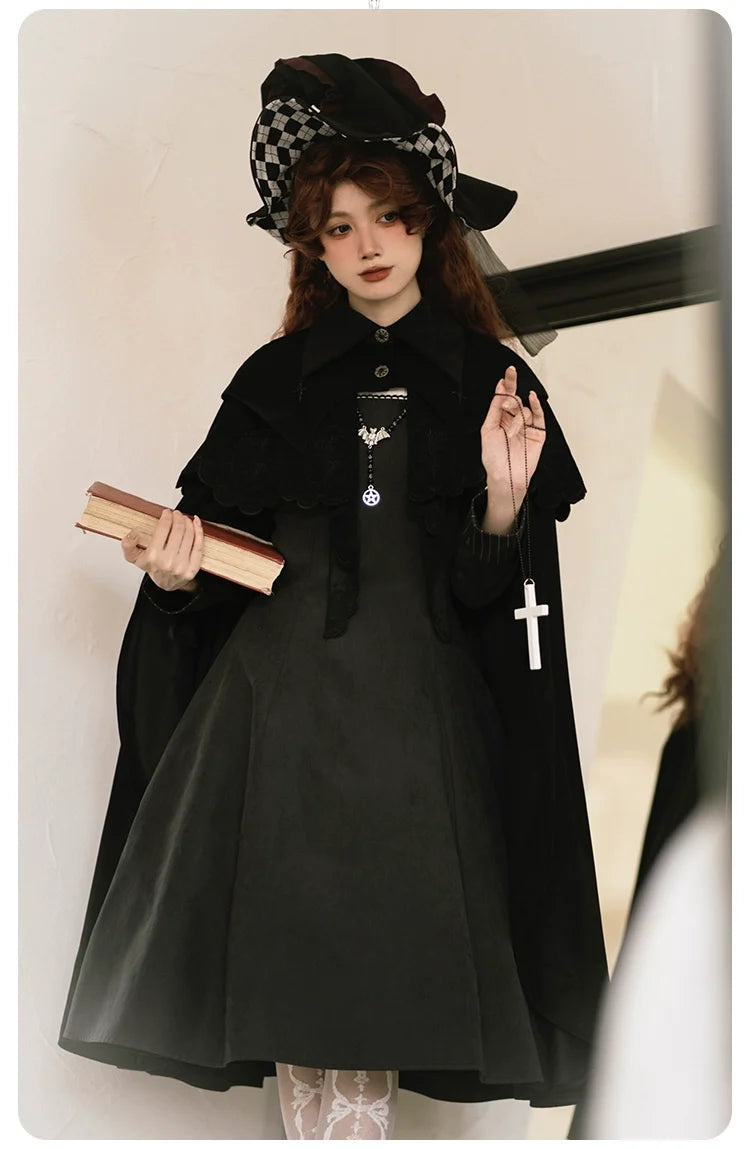 With PUJI - Pilgrim - Black Gothic Lolita Cape, Detachable 2-Piece