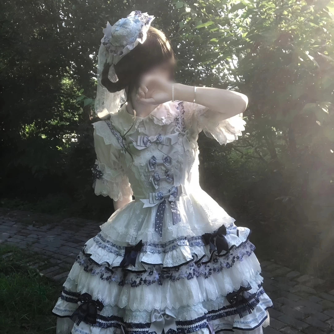 Alice - Snow Country Blue Glaze - OP Dress with Porcelain-Inspired Floral Trim