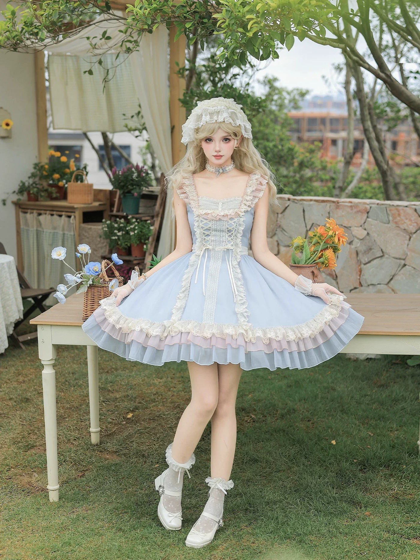 With PUJI - Island Diary - Classic Lolita Flutter Sleeve JSK Dress, Ruffled Lace