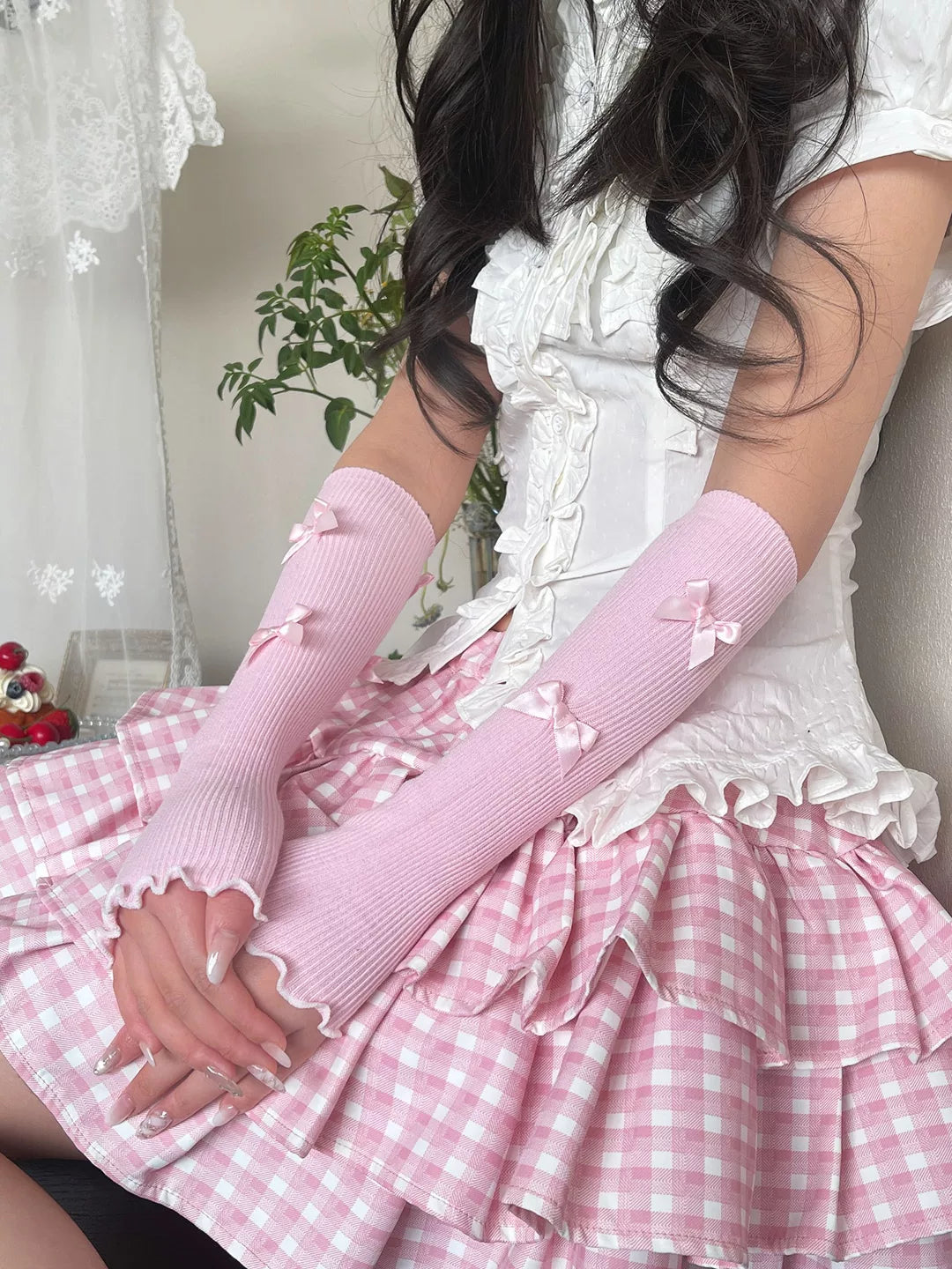 Sock Noble - Fresh Bow - Cotton Fingerless Arm Warmers with Ribbed Texture and Bow Accents