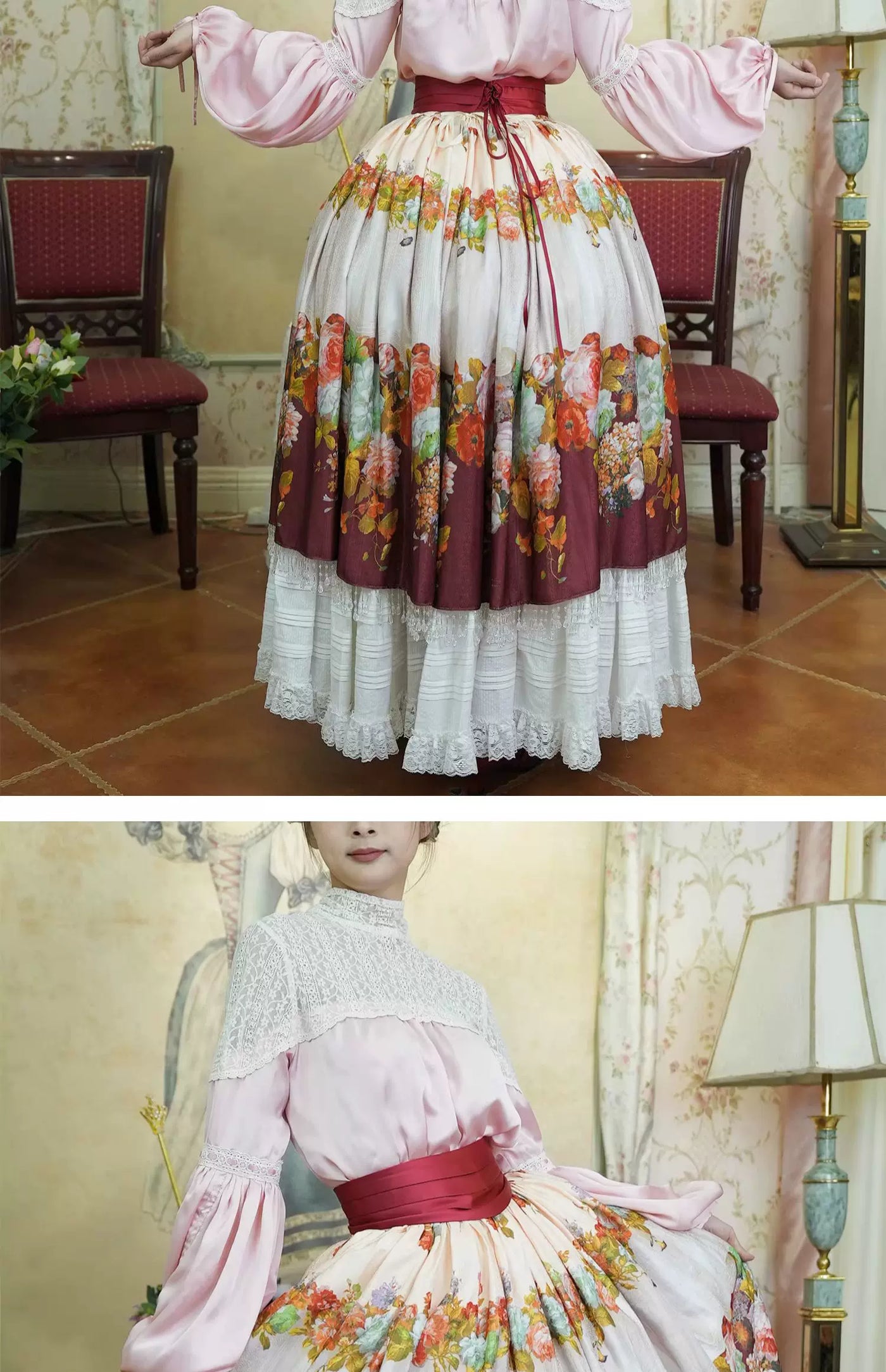 LACE GARDEN - Rainy Season Garden - Blouse and Full Skirt Set with Lace Yoke