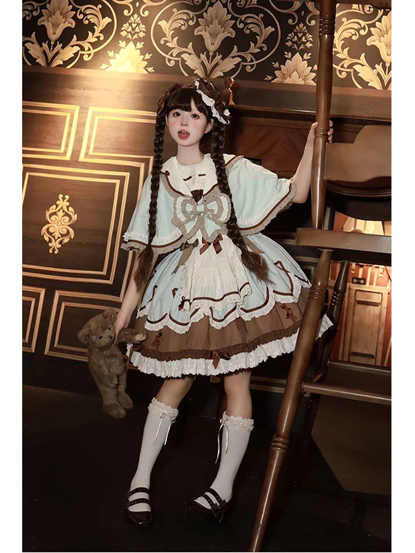 Creamy mint JSK set with cape, cream frills and chocolate-brown bows