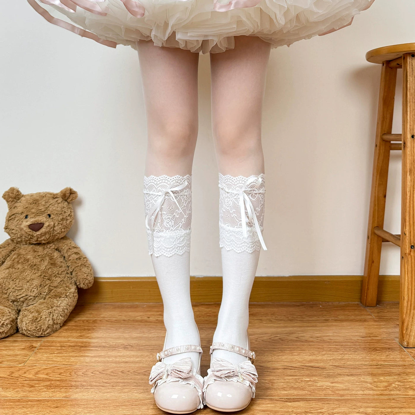 Chubby Bear Tales - Cream Ballet - Lolita Socks with Lace and Ribbon Details