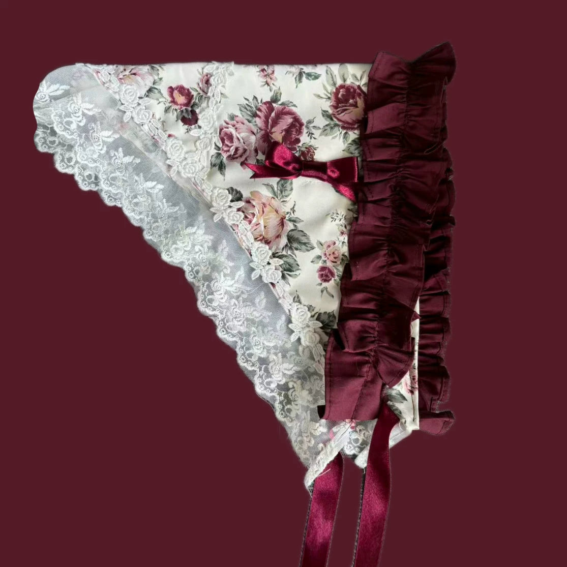 Tata Long Ear - Burgundy Roses - JSK Dress with Pale Rose Print and Tiered Ruffles