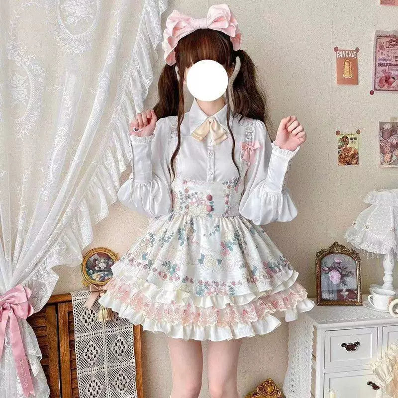 White long-sleeve blouse with gathered sleeves shown in a sweet Lolita coordinate.