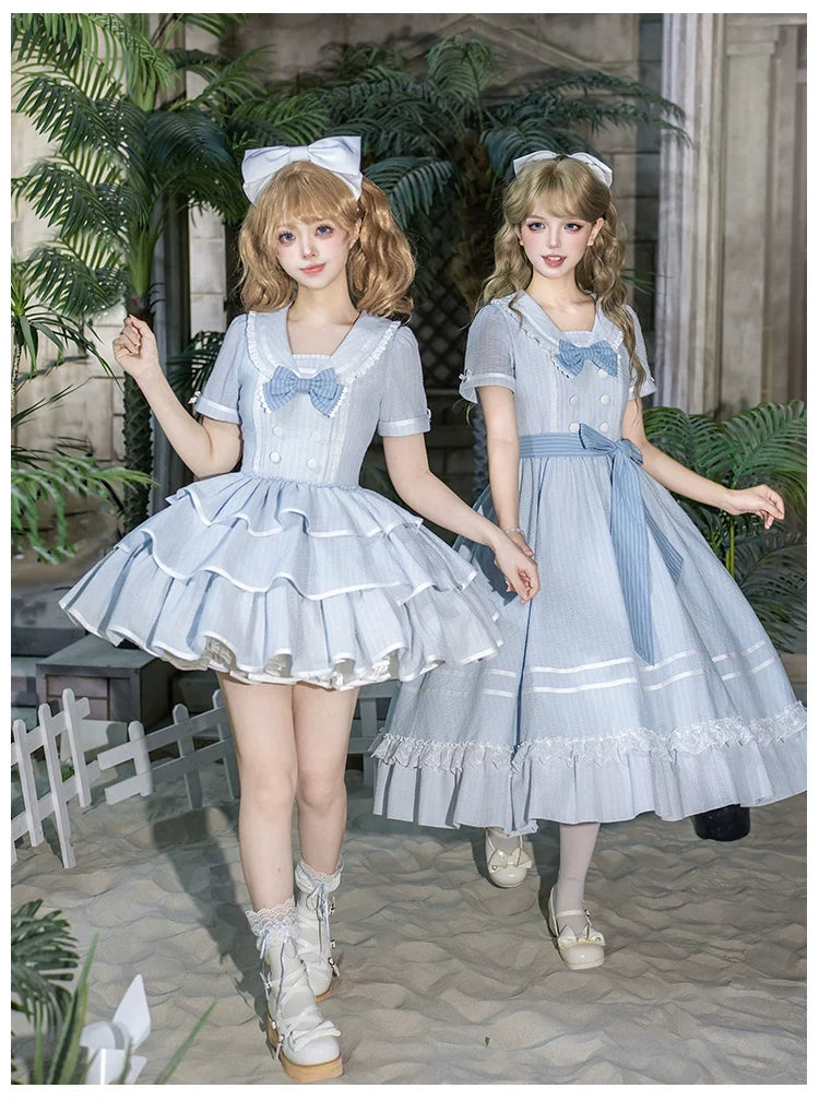 With PUJI - Seven-Day Bell - Blue Classic Lolita Striped OP Dress, Sailor Collar