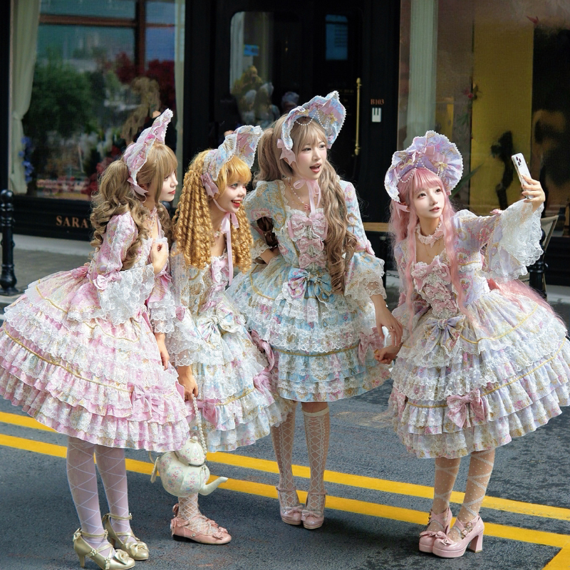 Hanguliang Candelabra Overture Sweet Lolita OP dress in lavender, long sleeve tiered design with lace trim