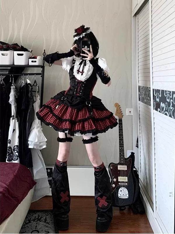 Black-and-red plaid Lolita set with vest, ruffled skirt and leg covers