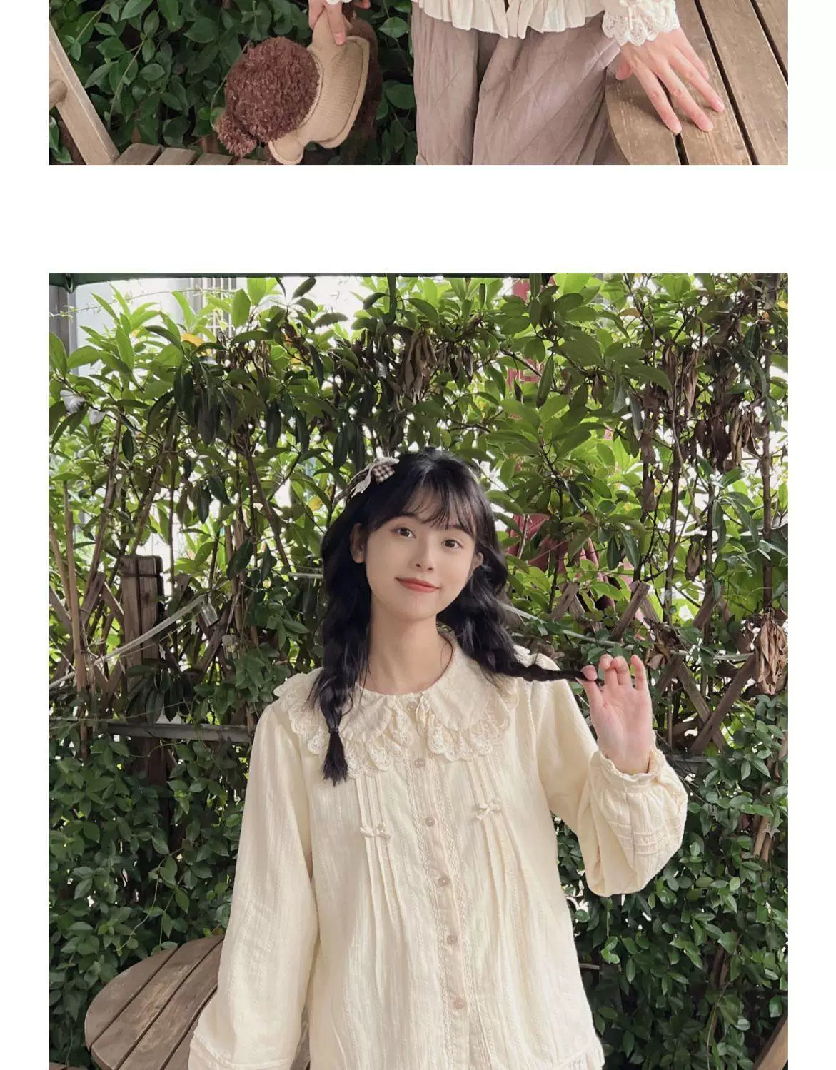 Sweetheart Dream Machine - Lace Collar Classic - Lace-Collar Long-Sleeve Blouse with Front Bows