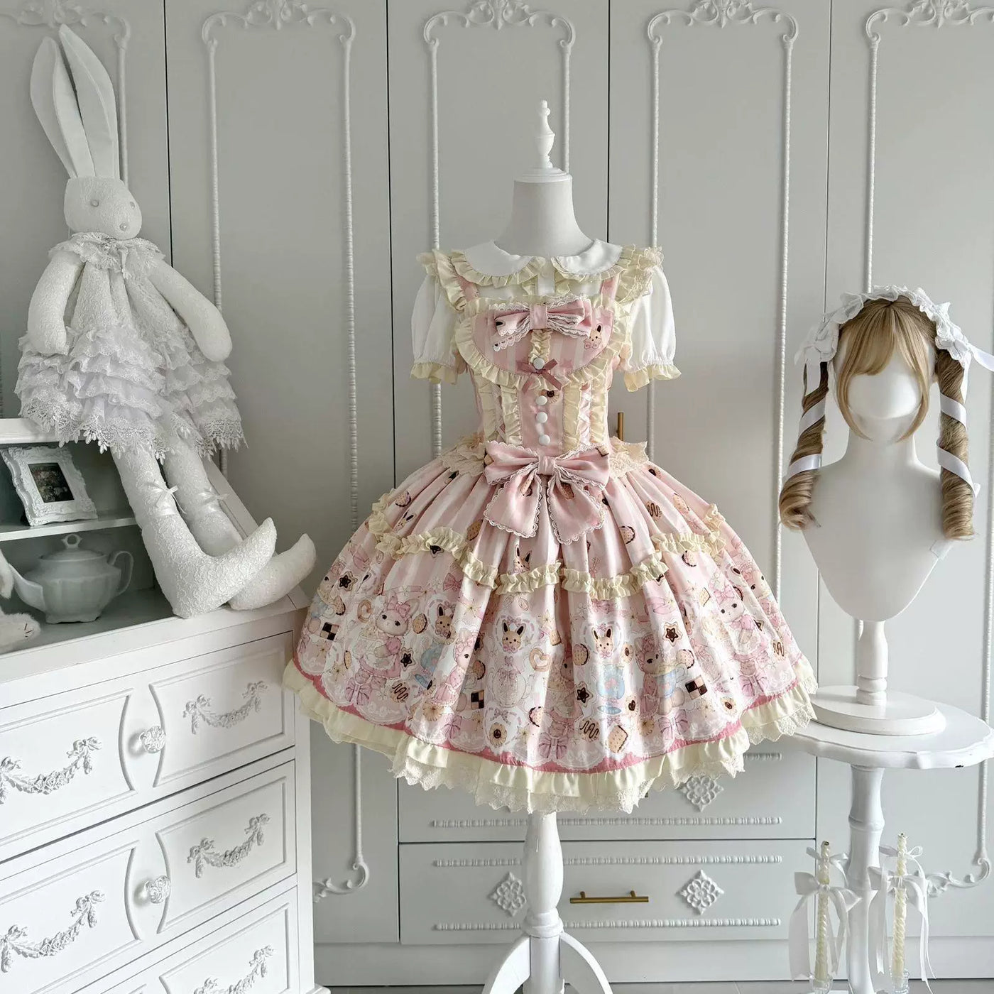 Sweetheart Dream Machine - Rabbit Cake - Milky Pink or Milky Yellow JSK with Rabbit and Cake Motifs