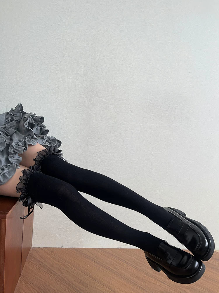 Sock Noble - Pleated Lace - Cotton Over-the-Knee Socks with Bow Detail