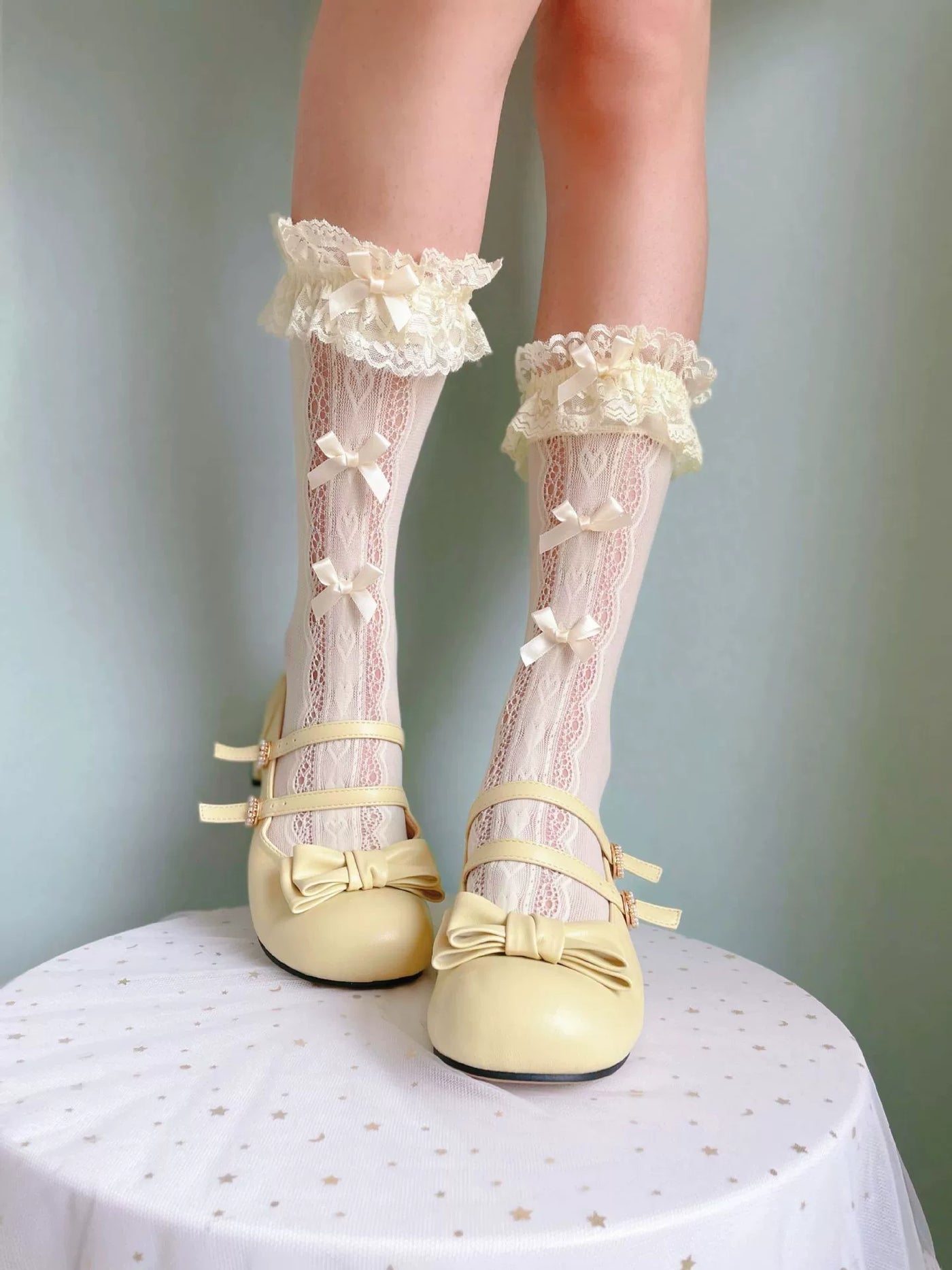Fantasy Doll - Ribbon Lace - Mid-Calf Socks with Gathered Lace Cuffs