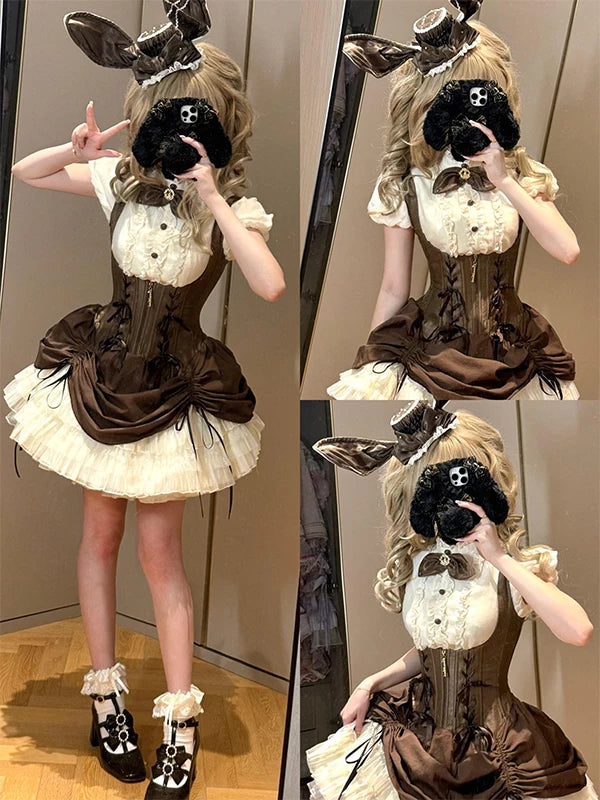 Creamy - Brown Bunny Gothic - Brown JSK Set with Inner Top, Bow Tie and Bunny-Ear Hat