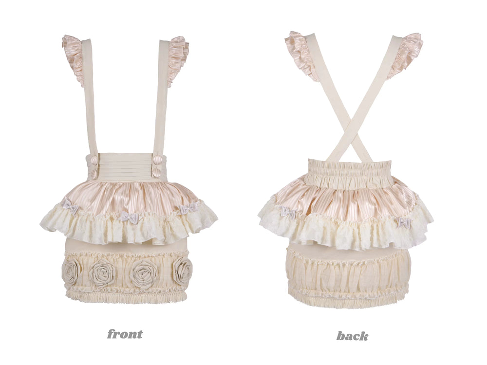 Natural-colour Little Cook suspender skirt shown front and back with ruffled layers.