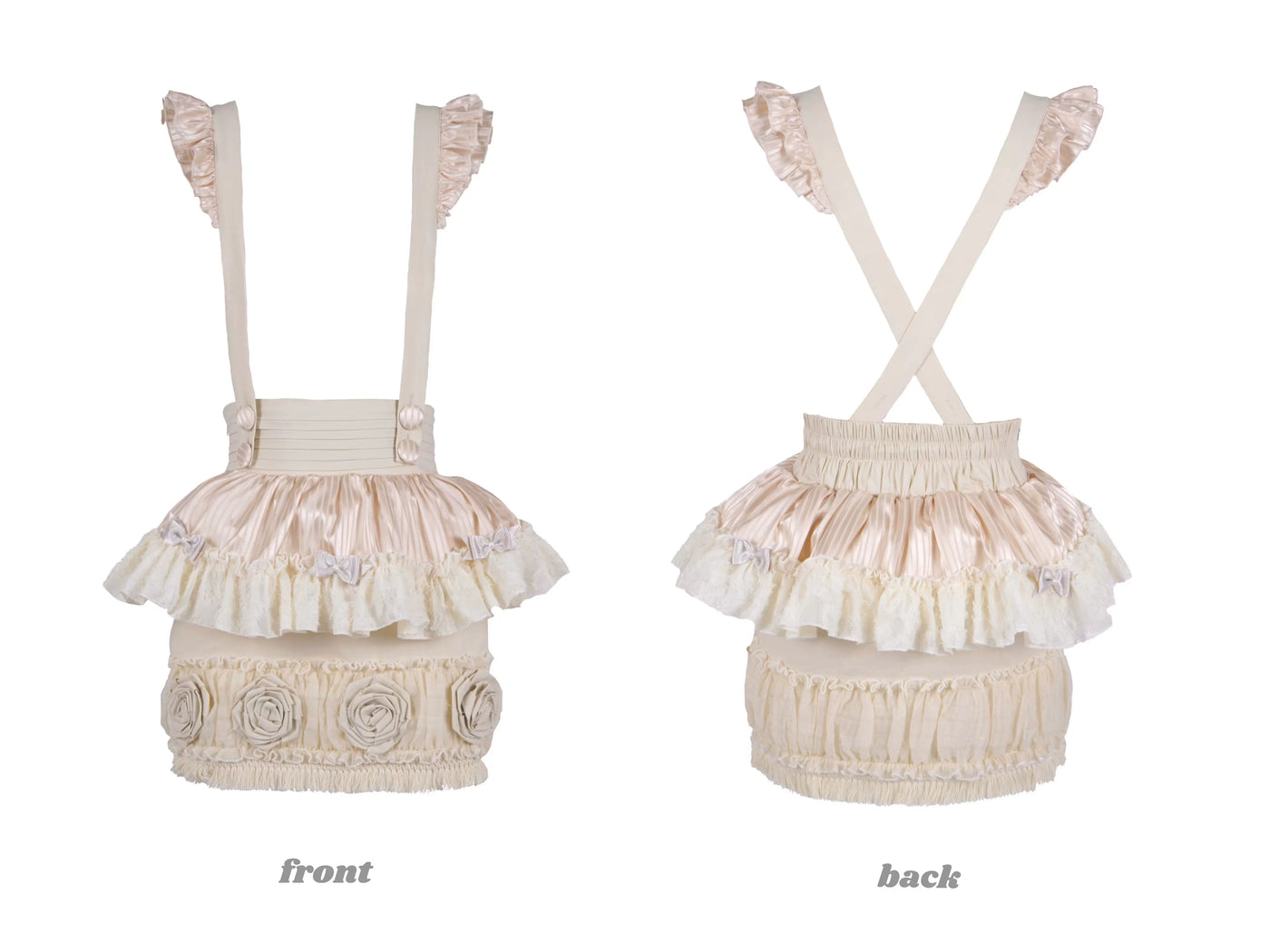 Natural-colour Little Cook suspender skirt shown front and back with ruffled layers.