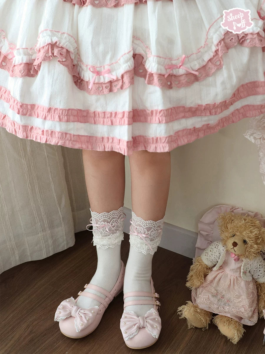 Sheep Puff Pearl Sugar Lolita Shoes featuring white shoes with pearl and sugar cupcake decorations, lace-up design, and cute detailing.