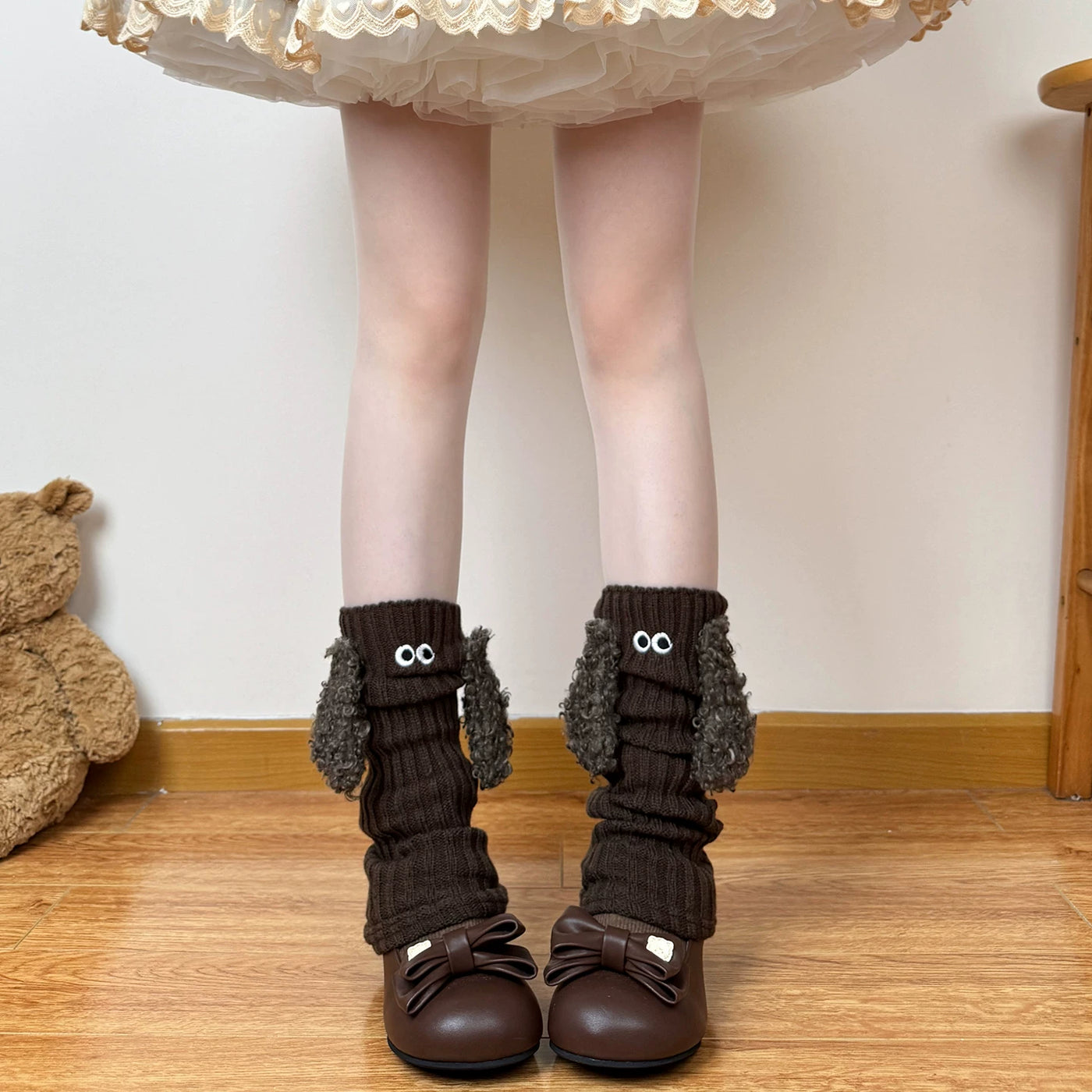 Chubby Bear Tales - Round-Eyed Puppy - Ribbed Leg Warmers with Plush Trim